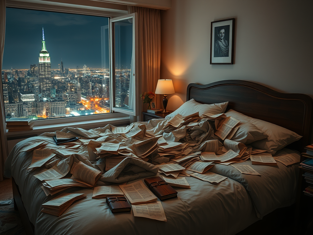A cozy bedroom with a bed covered in crumpled and scattered pages from books, overlooking a glowing city skyline at night.