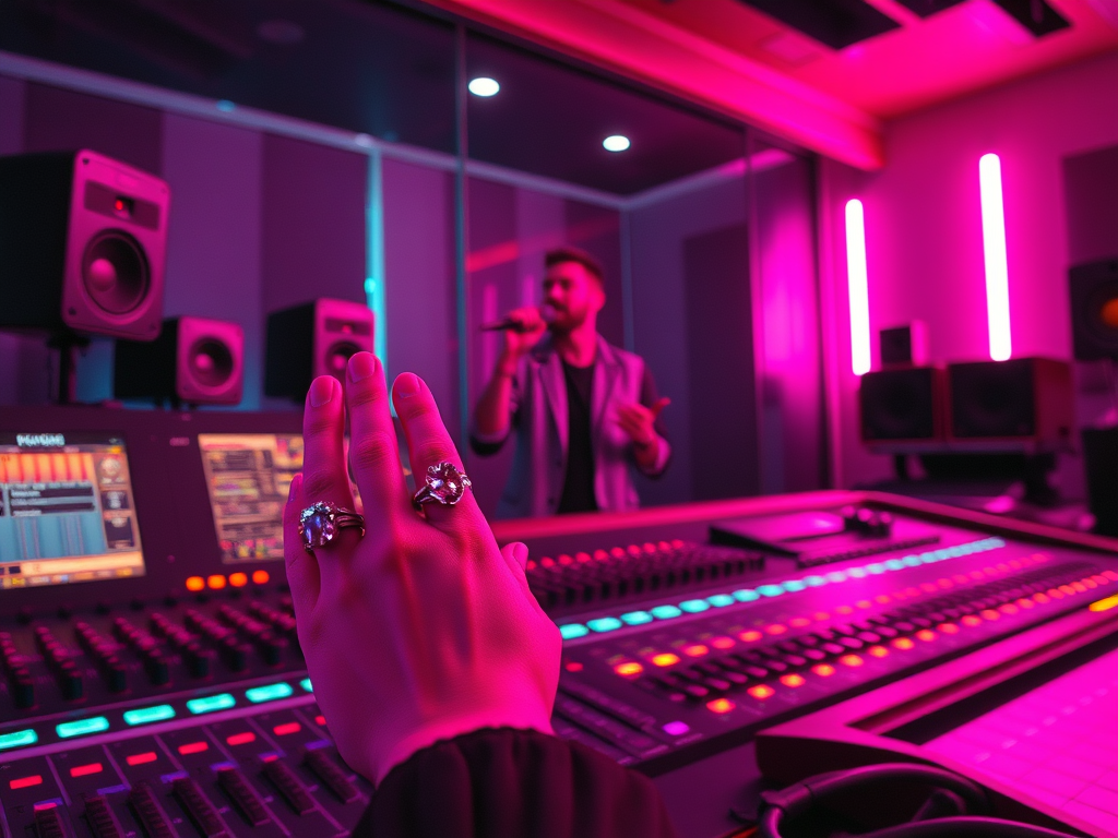 Un tecnico del suono in uno studio di registrazione, con la mano tesa verso il mixer mentre un artista canta sullo sfondo, illuminato da luci rosa e blu.