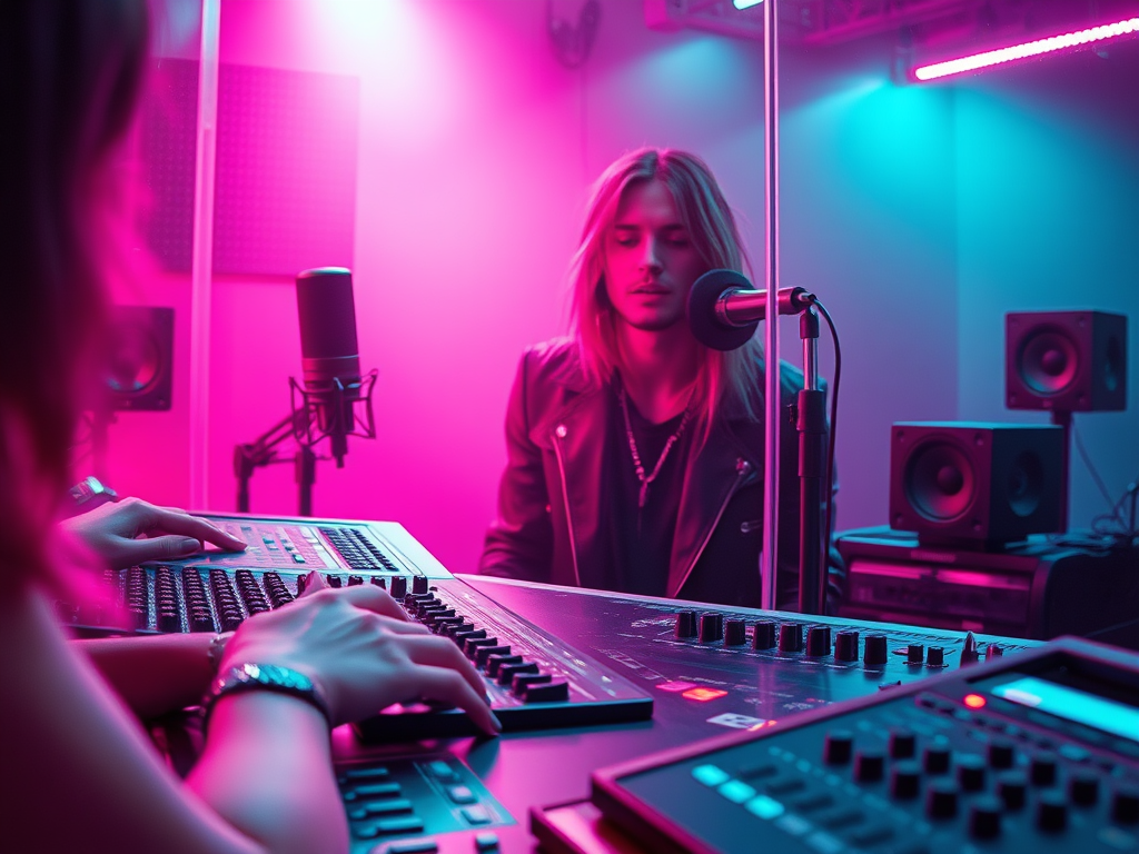 Un tecnico del suono regola un mixer mentre un cantante con capelli lunghi e giacca nera si prepara a registrare in uno studio luminoso con luci rosa e blu.