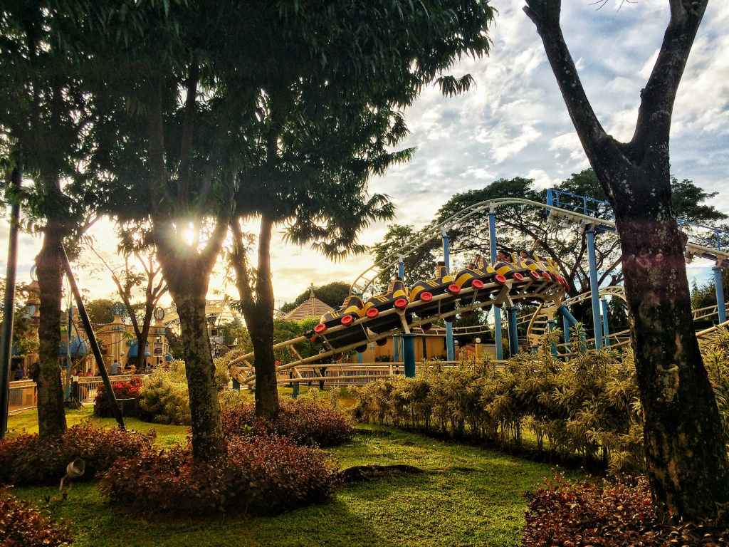 roller coaster ride near trees under blue clouds