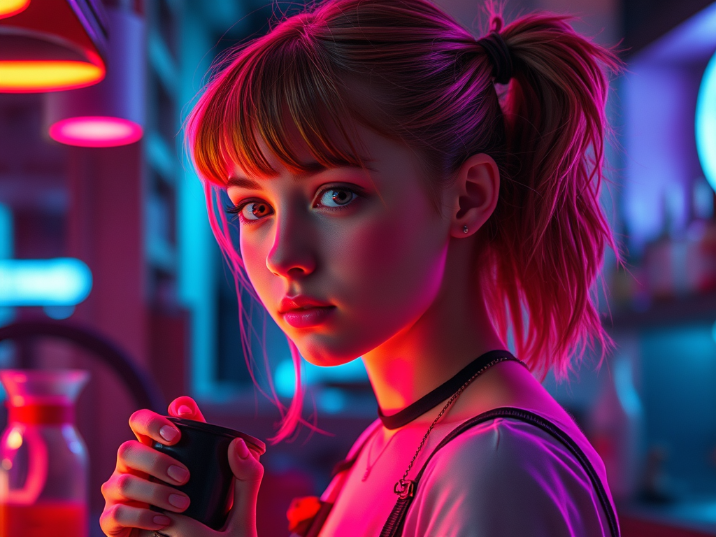 Ritratto di una giovane donna con i capelli biondi raccolti in due codini, che tiene in mano una tazza nera. I colori predominanti sono sfumature di blu e rosa, creando un'atmosfera vivace e moderna.