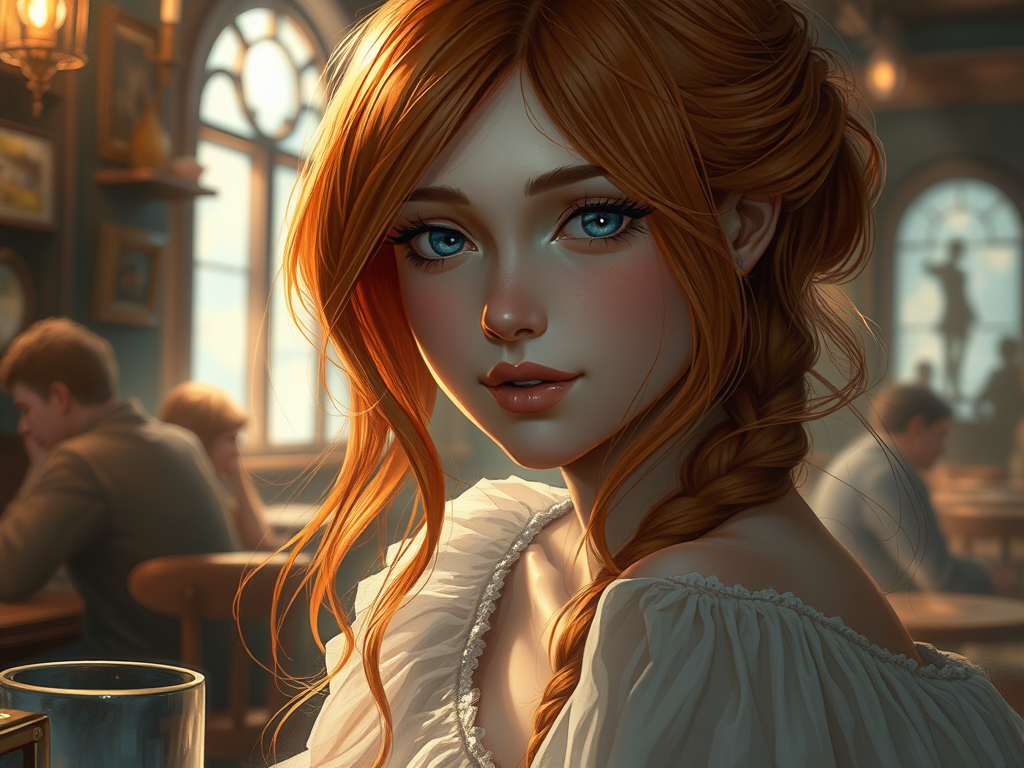 Ritratto di una giovane donna con i capelli rossi e gli occhi blu, seduta in un caffè, che sorride mentre guarda verso la fotocamera.