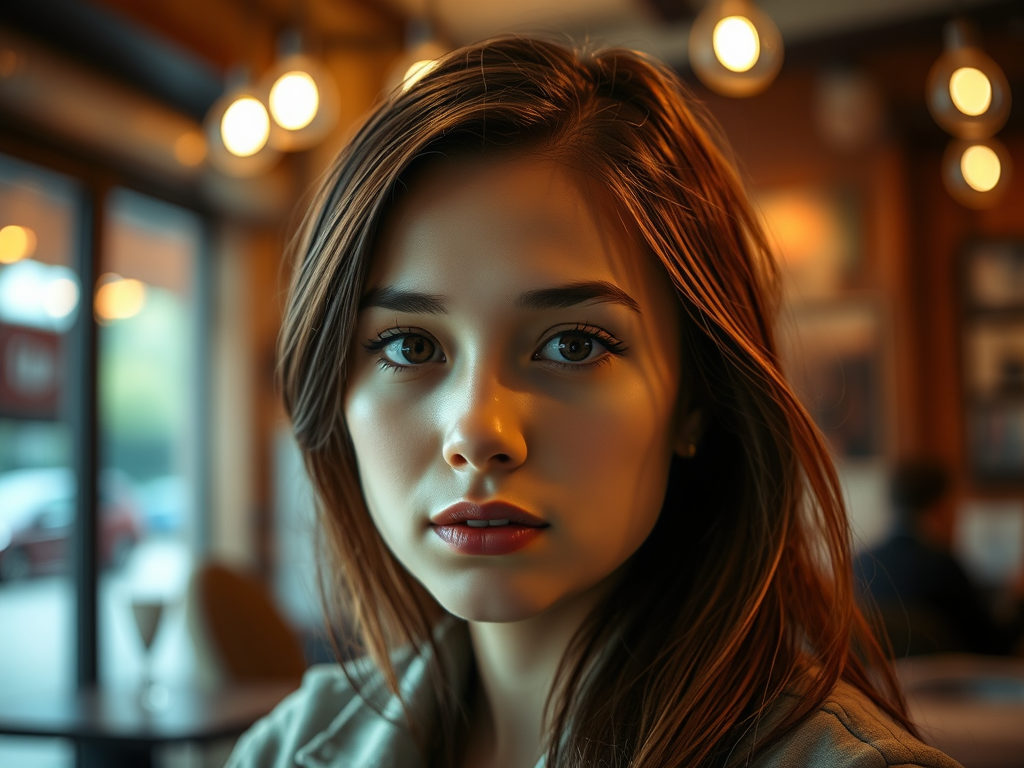 Ritratto ravvicinato di una giovane donna con capelli lunghi e luminosi, seduta in un caffè con sfondo sfocato, osserva la telecamera con un'espressione pensierosa.
