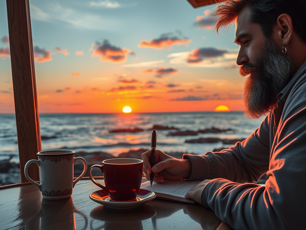 Un uomo con barba scrive su un quaderno, mentre sorseggia un caffè, osservando il tramonto sul mare.