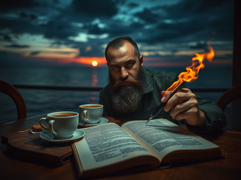 Un uomo con barba e penna infuocata scrive su un libro aperto mentre due tazzine di caffè si trovano accanto a lui, con un tramonto sul mare sullo sfondo.