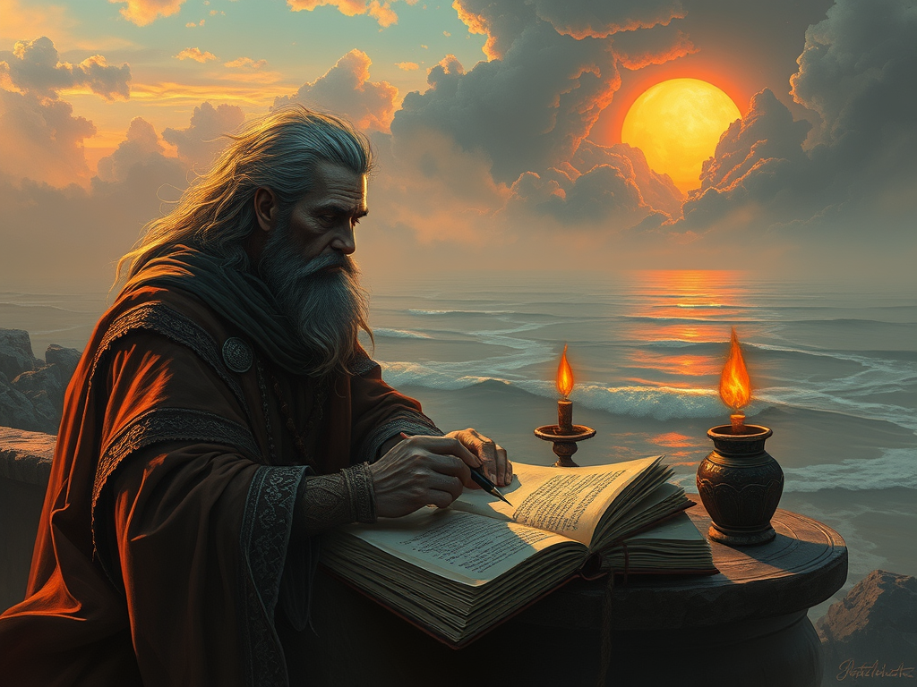 Un uomo anziano con una lunga barba scrive su un libro aperto mentre osserva un tramonto sul mare, due candele accese illuminano la scena.