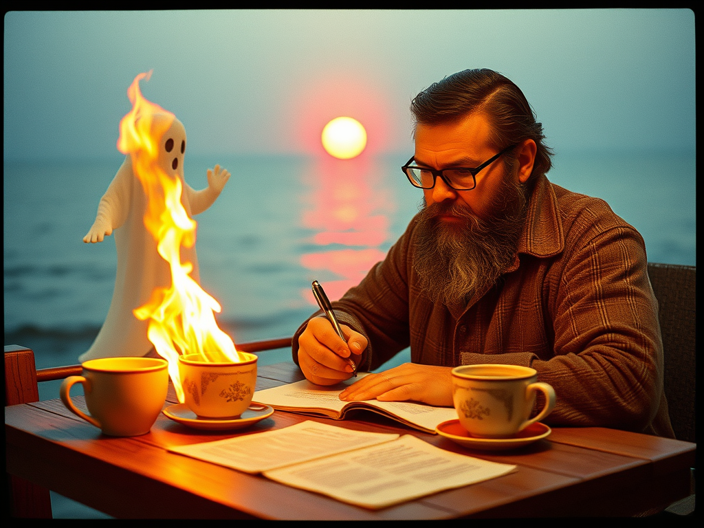 Un uomo con barba folta scrive su un taccuino mentre una figura spettrale in fiamme si erge accanto a lui, con il mare e il sole al tramonto sullo sfondo. Sulla tavola ci sono due tazze di caffè e un foglio di carta.