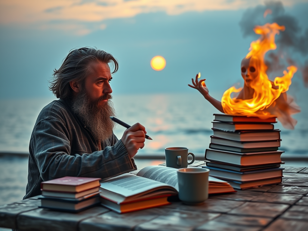 Un uomo con la barba scrive su un quaderno mentre guarda il tramonto sul mare. Davanti a lui ci sono pile di libri e due tazze di caffè. Un'illusione di una figura scheletrica avvolta nel fuoco emerge da una delle pile di libri.