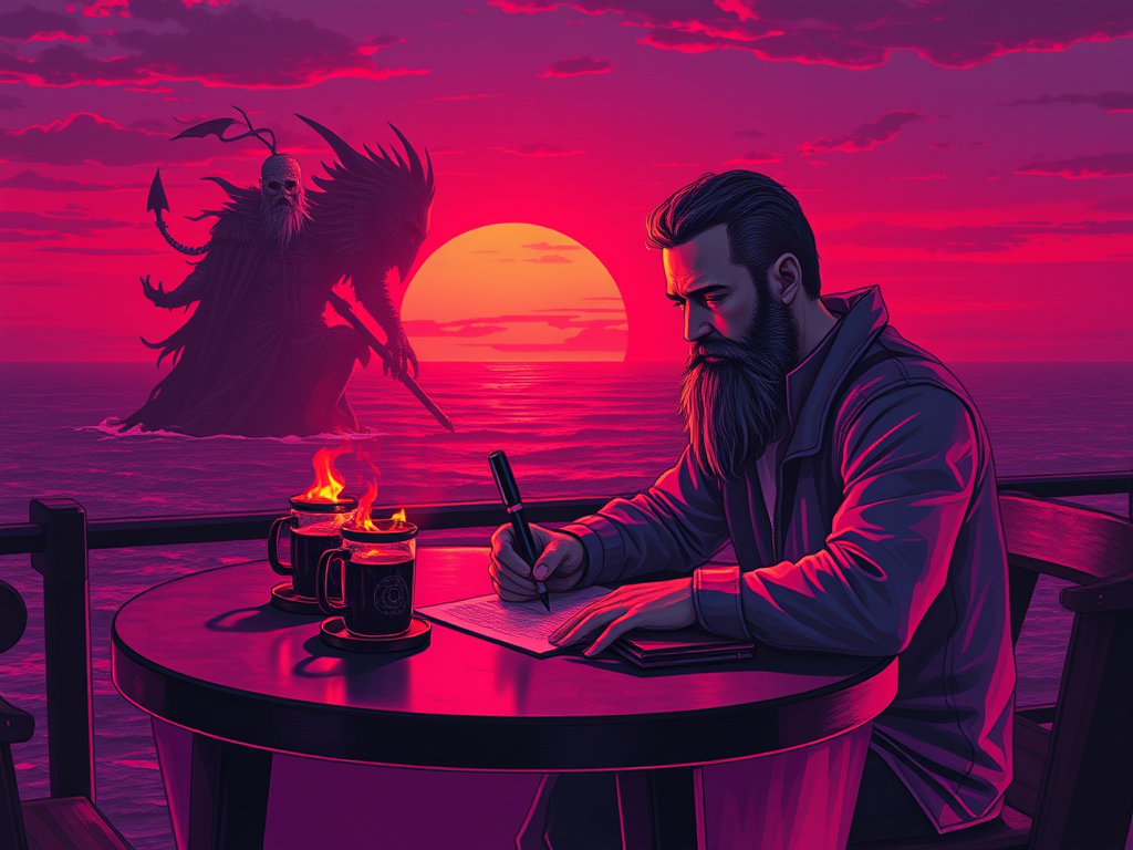 Un uomo con barba scrive su un quaderno mentre due tazze di caffè fumante sono appoggiate su un tavolo, sullo sfondo un tramonto vibrante e una figura oscura emerge dalle acque.