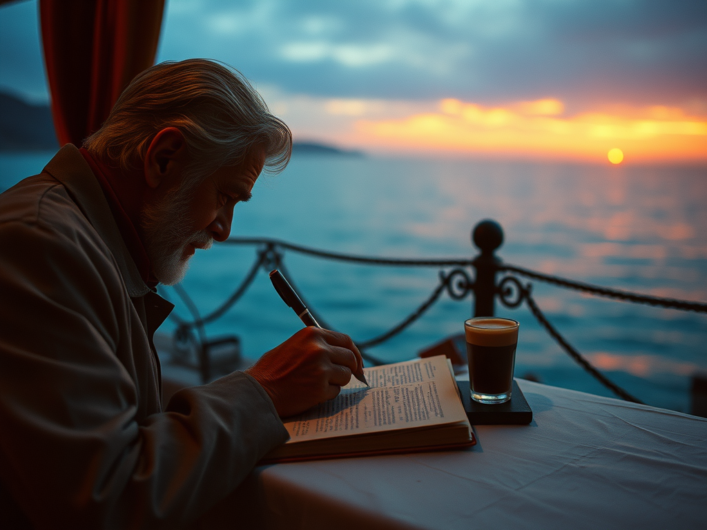 Un uomo anziano con barba scrive su un libro con una penna, seduto a un tavolo di fronte a un mare sereno al tramonto, con un caffè accanto.