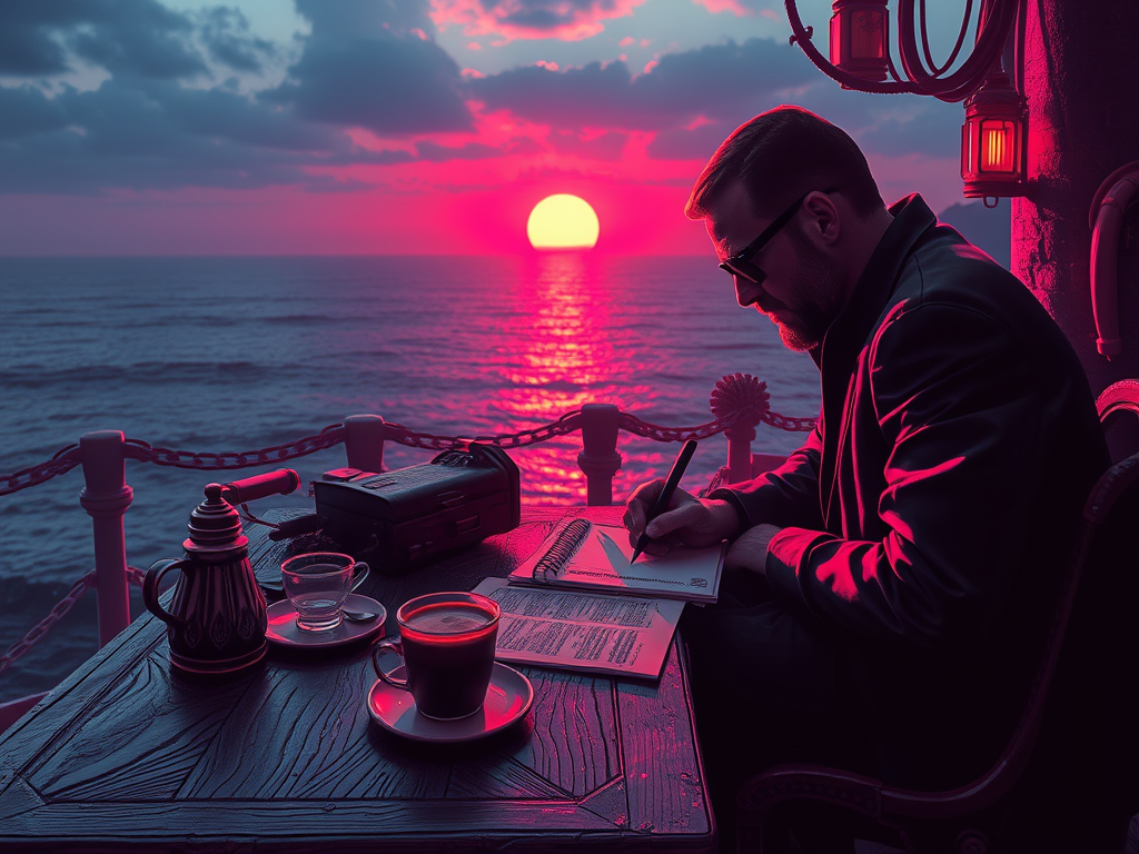 Un uomo in giacca nera scrive al tramonto, con una tazza di caffè e un bicchiere d'acqua su un tavolo di legno, mentre il mare si estende sullo sfondo.