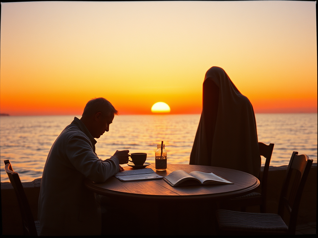 Un uomo seduto a un tavolo all'aperto osserva il mare al tramonto, mentre un'altra figura avvolta in un mantello è dietro di lui. Sul tavolo ci sono una tazza di caffè e un libro aperto.