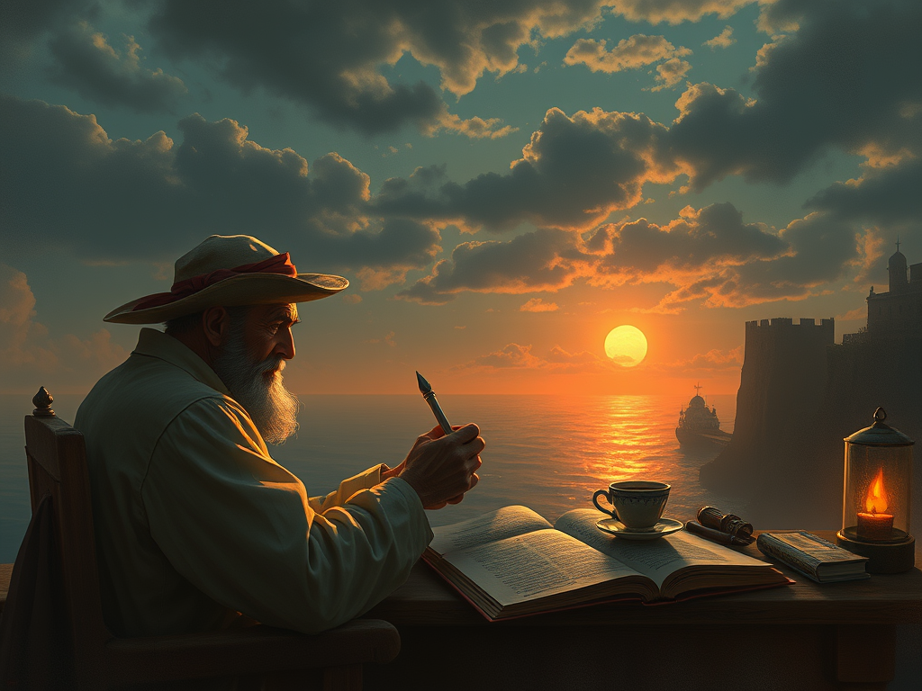 Un anziano scrittore siede su una terrazza affacciata sul mare al tramonto, con un libro aperto e una penna in mano, mentre guarda il sole che scende all'orizzonte.