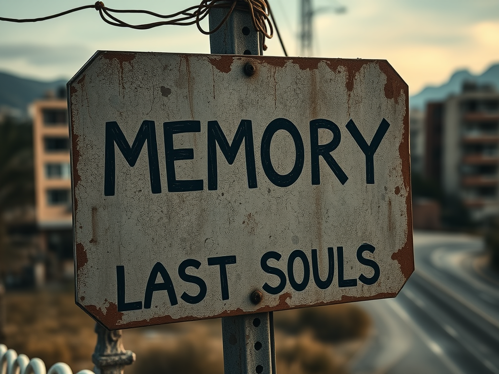Un cartello arrugginito con le parole 'MEMORY LAST SOULS' scritto in caratteri grandi.