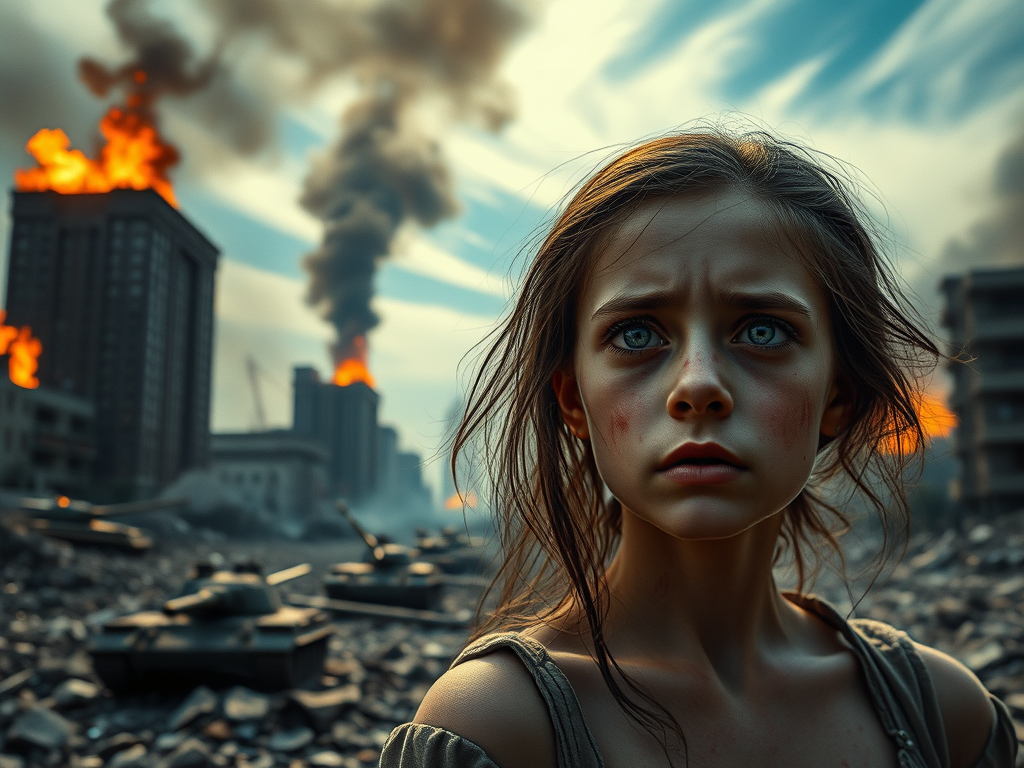 Una giovane ragazza con espressione triste in un paesaggio devastato, con fumi e incendi sullo sfondo.