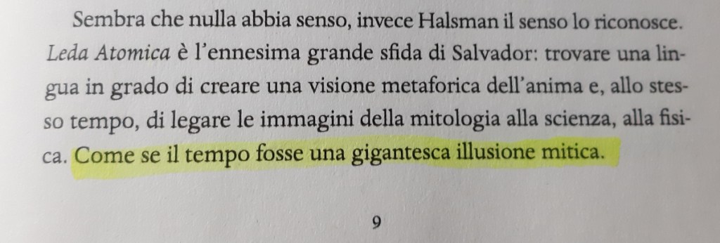 Testo estratto da un libro, evidenziato in giallo, che discute l'idea che il tempo sia una grande illusione mitica.