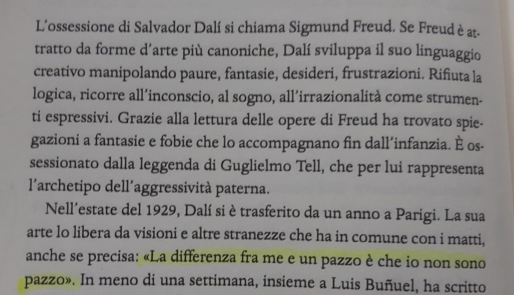 Un brano di un libro che analizza l'ossessione di Salvador Dalì per Sigmund Freud, evidenziando il suo approccio all'arte attraverso l'inconscio e la sua distinzione tra normalità e follia.