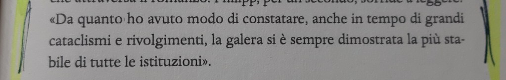 A close-up of a printed page showing a highlighted quote about the stability of institutions during times of upheaval and cataclysms.