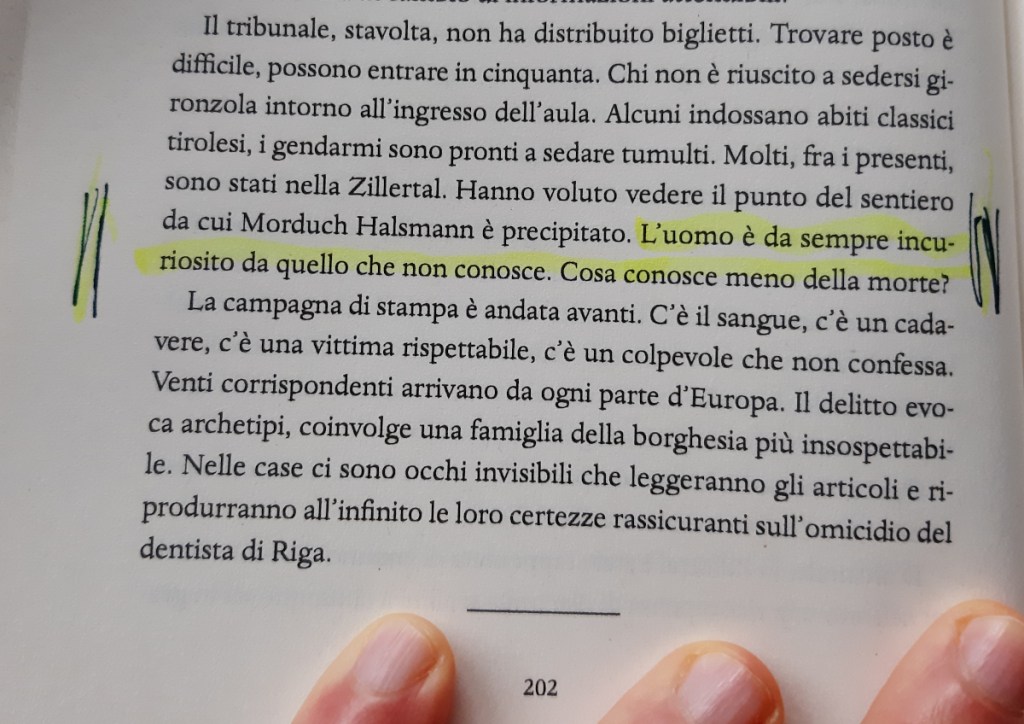 A close-up of a printed book page with highlighted text, showing a passage discussing human knowledge and ignorance, with a hand partially visible holding the page.