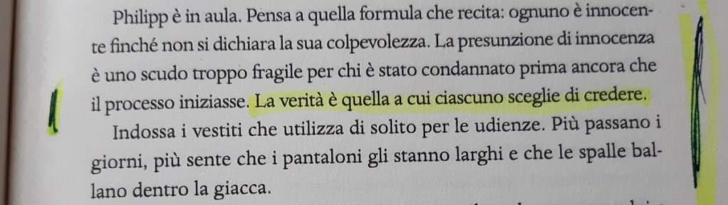 Close-up of a page from a book showing highlighted text discussing the concept of truth and innocence in a courtroom context.