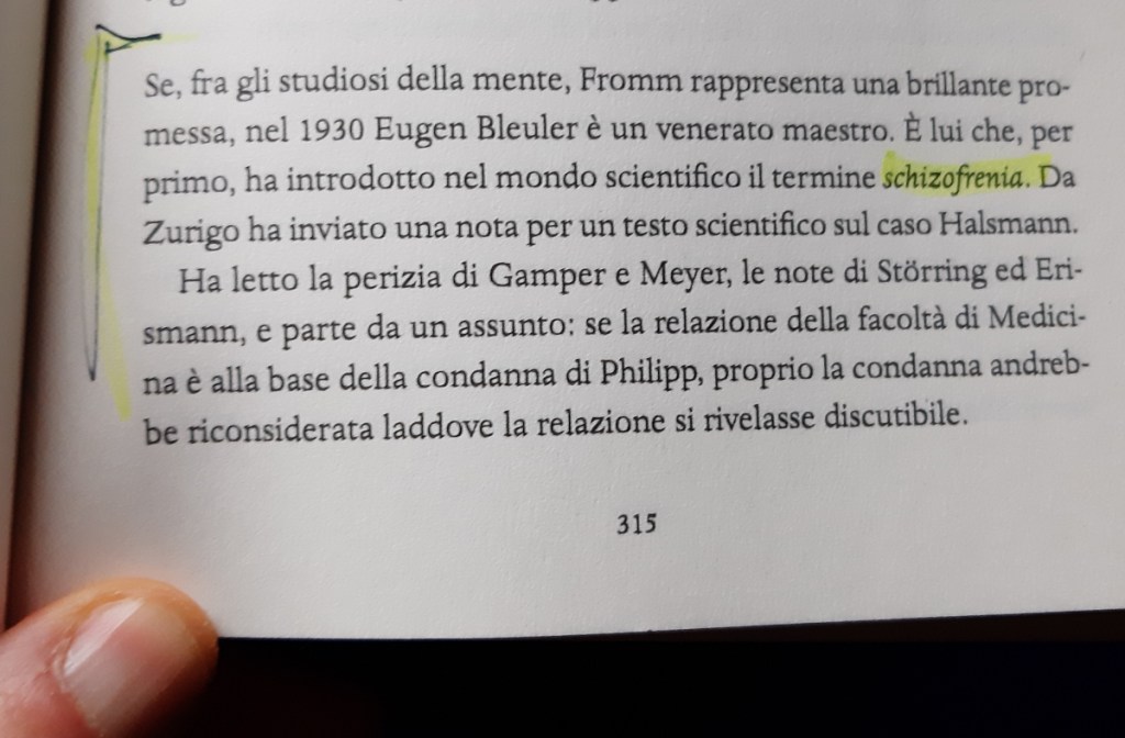 Pagina di un libro che discute il contributo di Eugen Bleuler allo studio della schizofrenia, evidenziando la sua influenza e importanza nel campo della psichiatria.