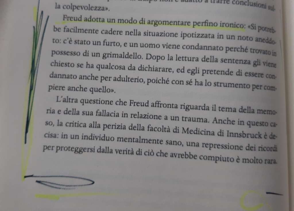 Un passaggio del libro che discute l'ironia nell'argomentazione di Freud riguardo a situazioni ipotizzate e la critica sulla memoria in relazione ai traumi.