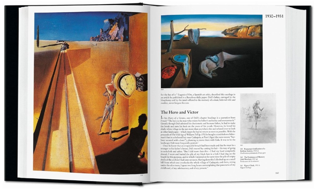 A page from a book showcasing Salvador Dalí's artwork, featuring a surreal landscape with melting clocks and distant mountains, illustrating themes of time and reality.