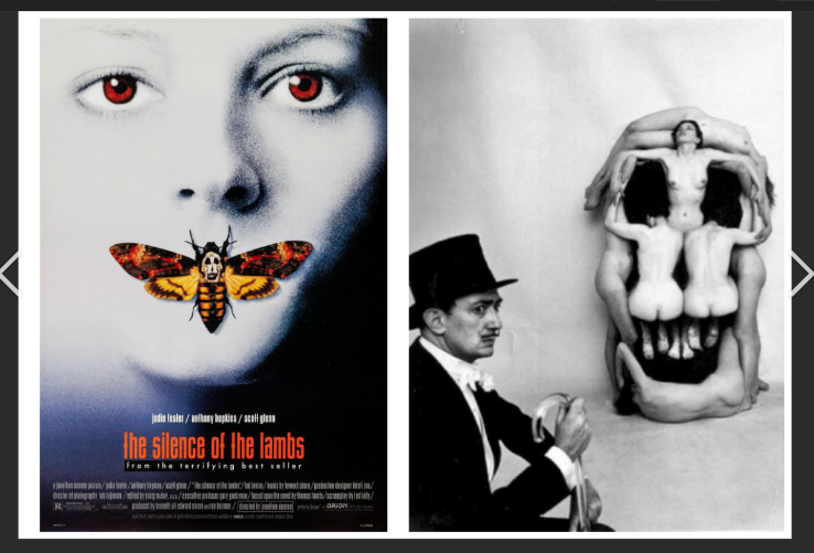 Poster del film 'Il silenzio degli innocenti' con una falena in primo piano sulla bocca di una donna e lo sfondo di un volto con occhi rossi, a sinistra. A destra, un'opera d'arte con una figura maschile in alto e sagome femminili che formano un cranio.