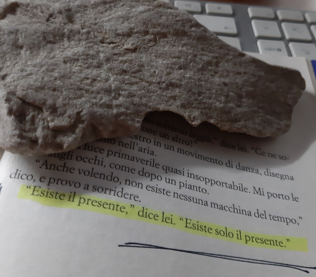 Un pezzo di roccia appoggiato su una pagina evidenziata di un libro, con il testo che recita: 'Esiste il presente,' dice lei. 'Esiste solo il presente.'
