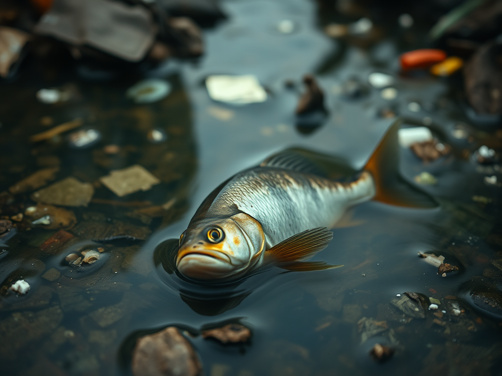 Un pesce di acqua dolce galleggia su una superficie contaminata da rifiuti e detriti.