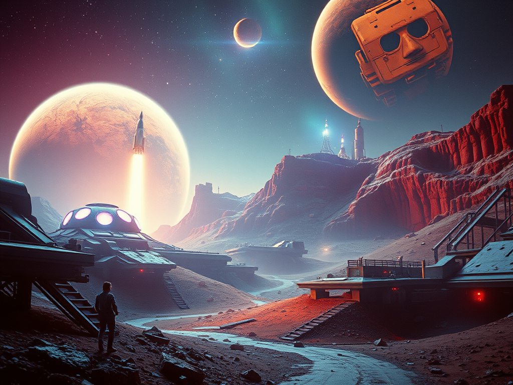Un paesaggio futuristico su un pianeta alieno, con un razzo in partenza nello sfondo, pianeti e lune visibili nel cielo, e strutture spaziali sul terreno.