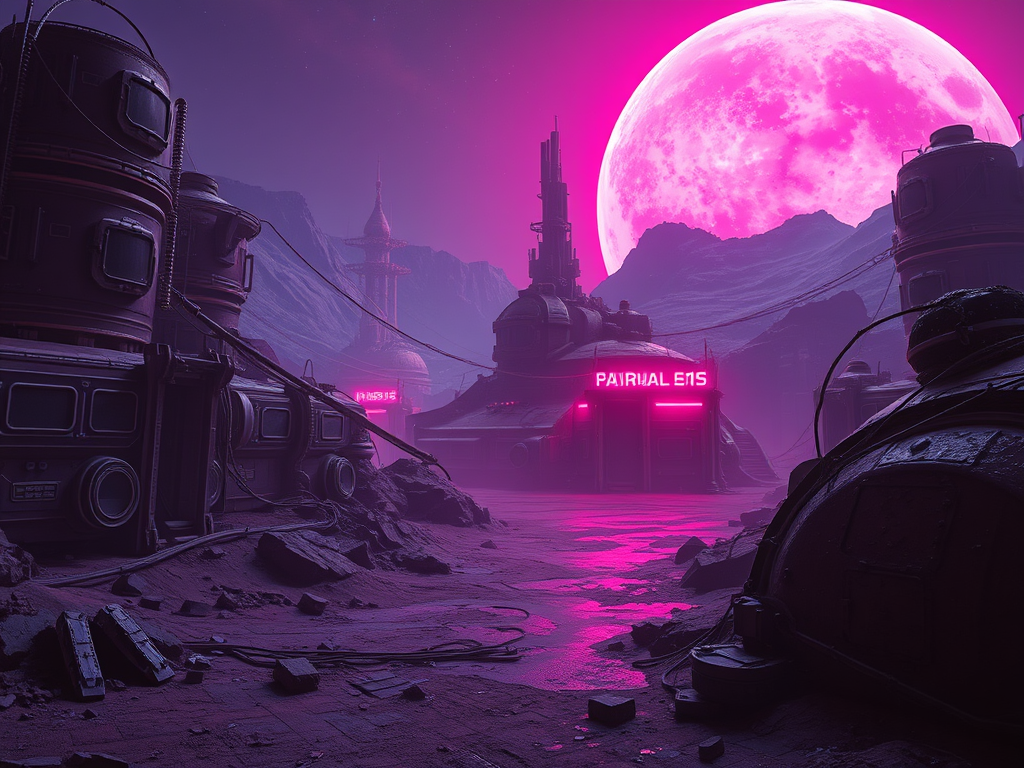Un paesaggio futuristico di un pianeta deserto con strutture tecnologiche abbandonate. Una grande luna rosa illumina l'ambientazione, mentre un'insegna al neon indica 'PAIRUAL ENS'.