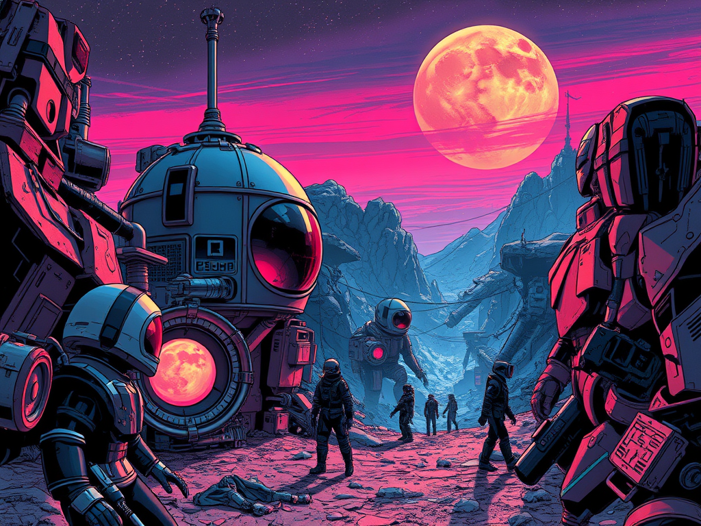 Un paesaggio spaziale con sfondi di montagne e un grande pianeta rosso nel cielo, mentre astronauti interagiscono con strutture futuristiche e rover, in un'atmosfera di avventura e scoperta.