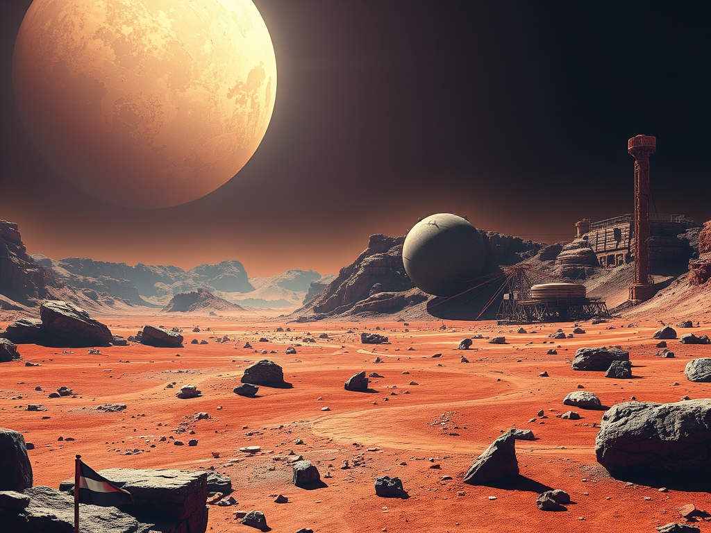 Paesaggio marziano con una grande luna in cielo, rocce sparse e strutture futuristiche visibili nel deserto rosso.