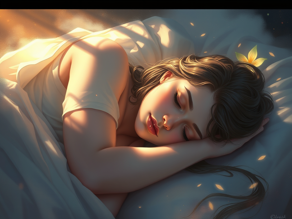 Una giovane donna che dorme serenamente nel letto, con i capelli lunghi e mossi, mentre raggi di luce filtrano attraverso le tende.