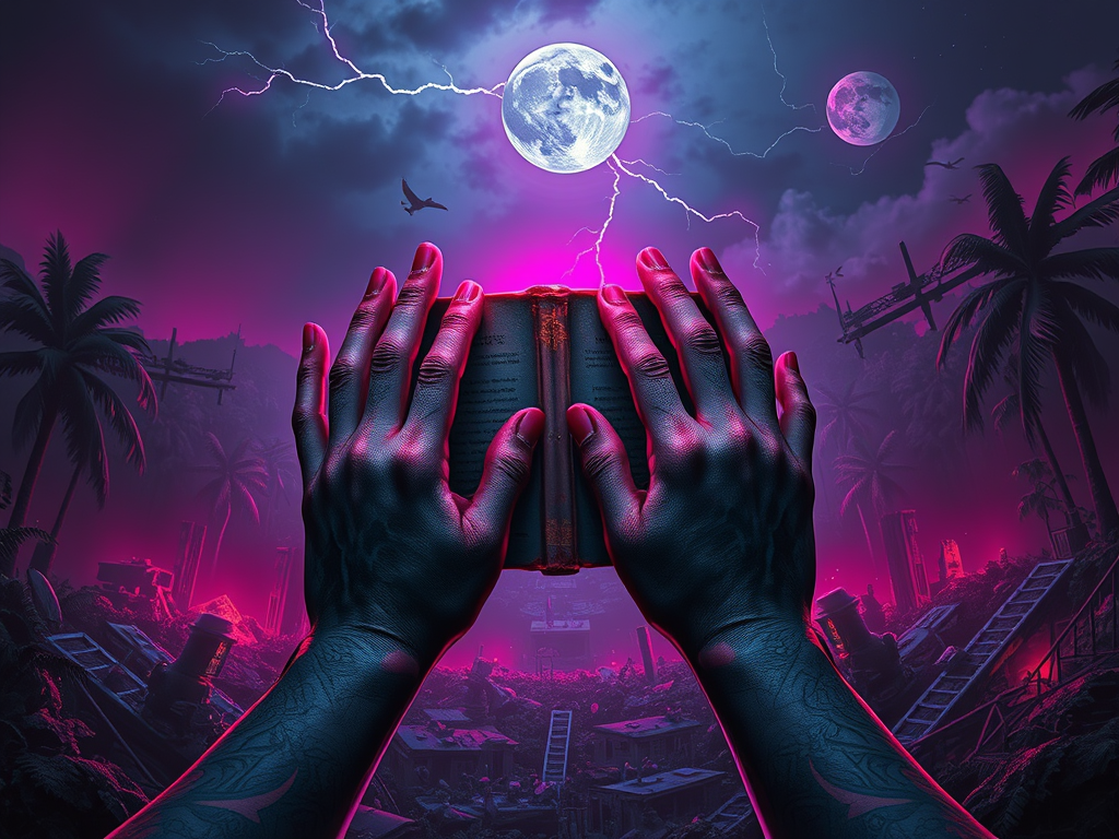 Mani con tatuaggi che tengono un libro aperto in un paesaggio surreale, con due lune nel cielo e fulmini in lontananza, circondato da palme e rovine.