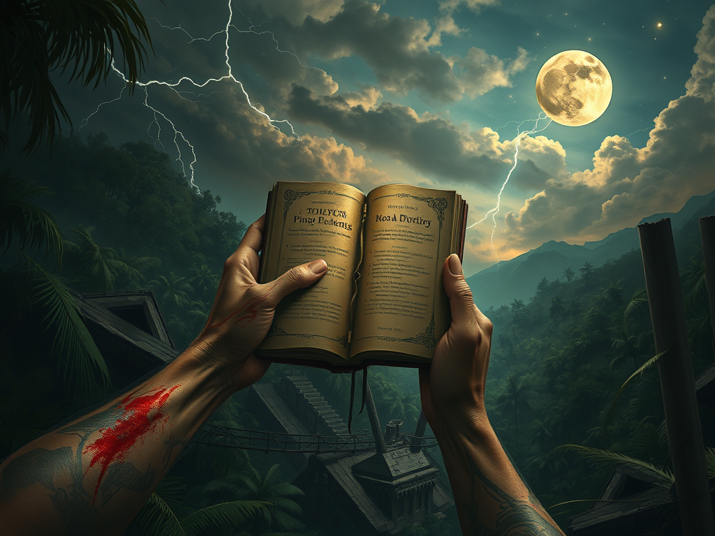 Una mano sostiene un libro aperto in un paesaggio di giungla sotto una luna piena e fulmini.