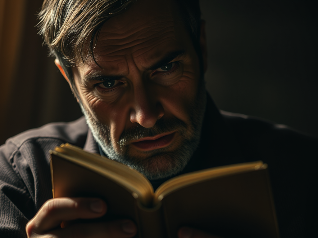 Un uomo di mezza età legge attentamente un libro, esprimendo una forte concentrazione e un'emozione intensa sul volto.