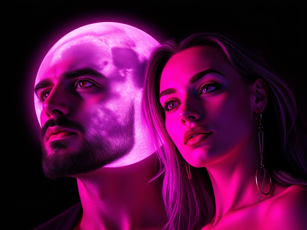 Due volti in primo piano, un uomo e una donna, illuminati da una luce rosa intesa. La donna ha i capelli lunghi e biondi, mentre l'uomo è beato e ha una barba ben curata. Dietro di loro, una luna piena rosa illumina il fondo scuro.