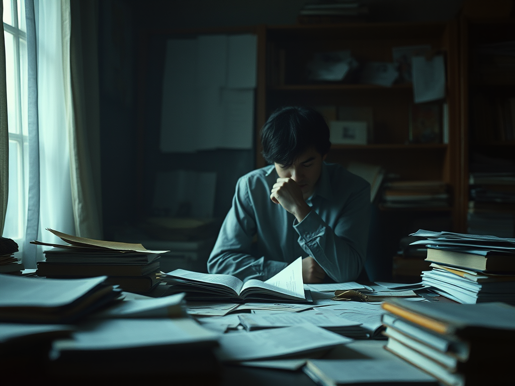 Un giovane studente immerso nello studio, circondato da pile di libri e documenti in un ambiente poco illuminato, con espressione pensierosa mentre legge un documento.