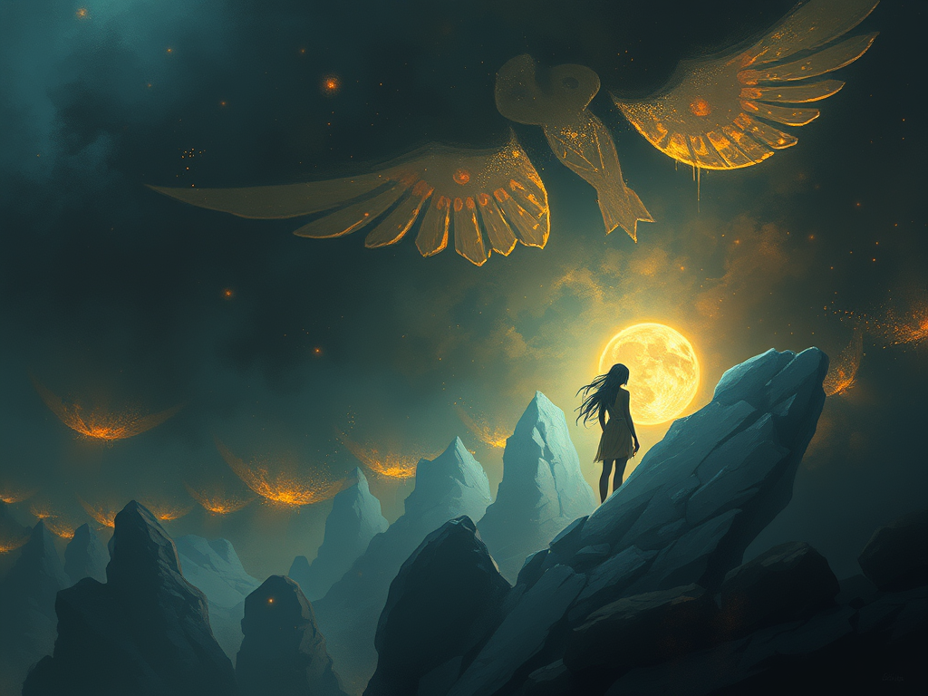 A figure stands on a rocky ledge, gazing at a bright full moon and an ethereal owl soaring above in a starry night sky filled with glowing orbs.