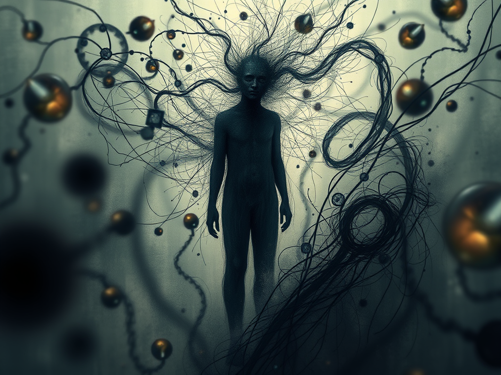 Un'entità eterea e scura in un ambiente nebuloso, circondata da filamenti e sfere luminose, che evocano una sensazione di interconnessione e mistero.