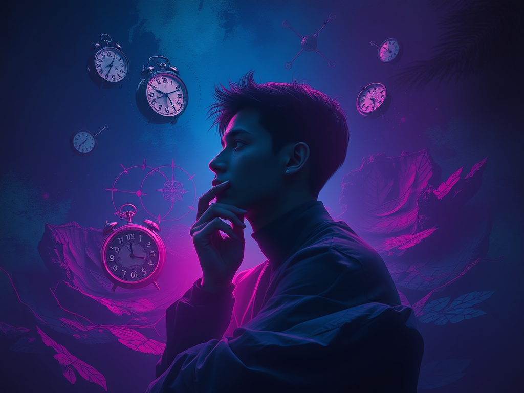 Un giovane pensieroso in silhouette, circondato da orologi e simboli astratti in un ambiente dai toni blu e viola, che esprimono un senso di introspezione e contemplazione del tempo.