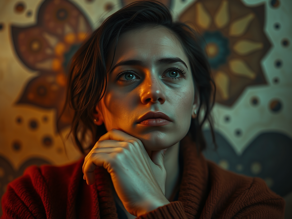 Ritratto di una giovane donna con espressione pensierosa, seduta davanti a uno sfondo di motivi floreali colorati.