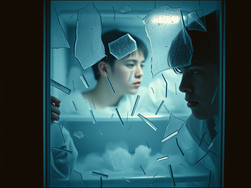 Due giovani osservano attraverso un frigorifero con vetri rotti, uno dei quali sembra emozionato e l'altro pensieroso, in un'atmosfera misteriosa e intensa.