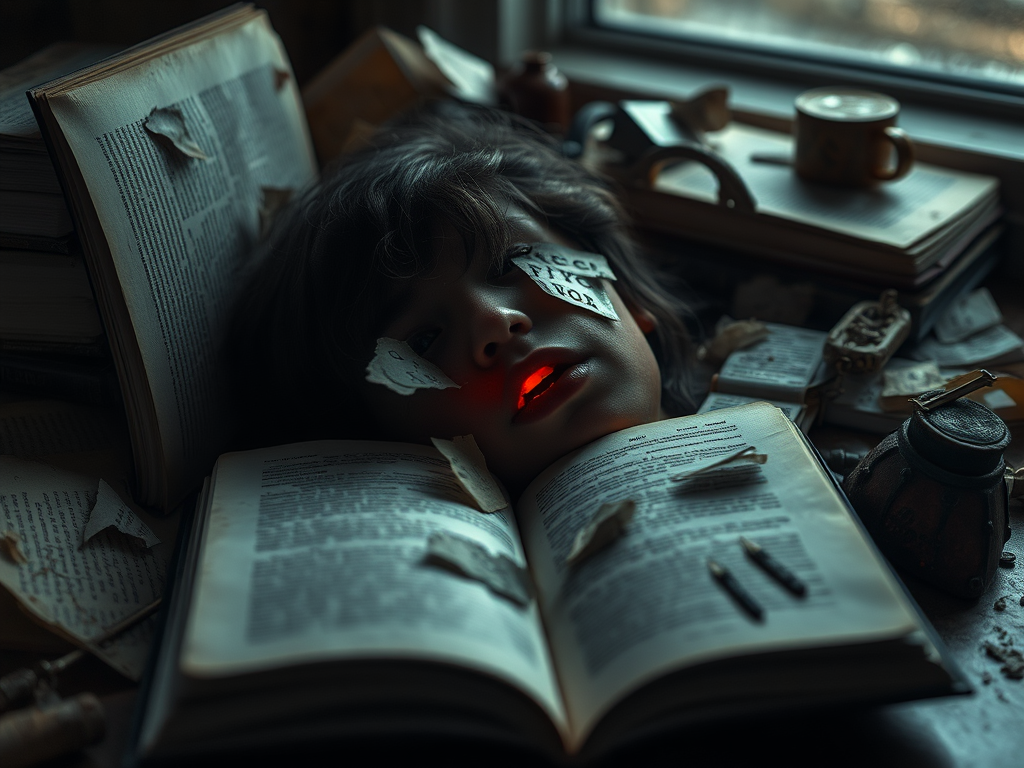 Un volto di bambino con occhi chiusi e un pezzo di carta sul viso, sdraiato su libri aperti e fogli sparsi, con una luce rossa proveniente dalla bocca.