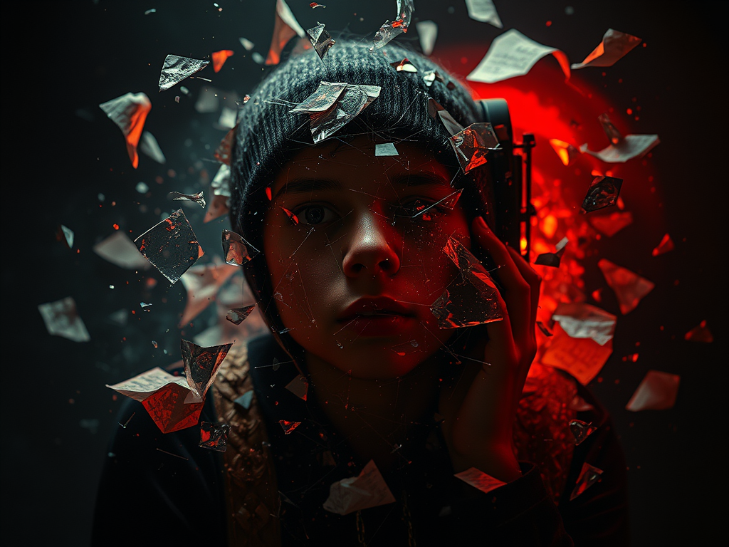 Un giovane con un'espressione pensierosa indossa un berretto e tiene in mano un oggetto, mentre frammenti di vetro e carta fluttuano intorno a lui in un ambiente scuro e carico di emozione.