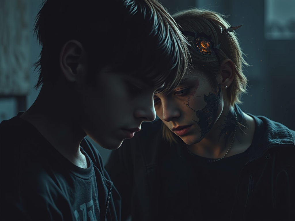 Due giovani ragazzi si guardano intensamente in un ambiente poco illuminato, con uno dei due che ha un tatuaggio visibile sul volto e un accessorio decorativo nei capelli.