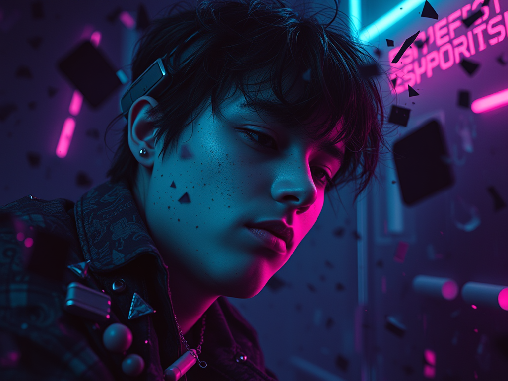 Close-up of a young person with a stylish punk-inspired appearance, surrounded by colorful neon lights and digital effects, reflecting a futuristic and vibrant aesthetic.