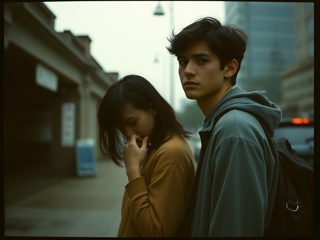 Due giovani in una strada cittadina, uno mostra un'espressione pensierosa mentre l'altra sembra persa nei propri pensieri. L'atmosfera è malinconica e sfocata, con edifici sullo sfondo che suggeriscono un contesto urbano.